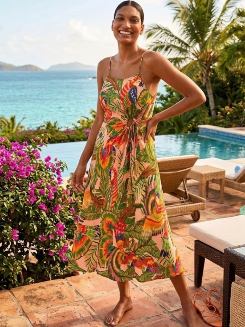 Farm Rio Macaw Leaves Cut-Out Midi Dress Tropical Parrot Print Small S NEW